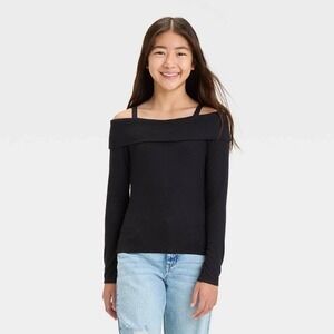 Art Class Black Off The Shoulder Long Sleeve ribbed Top Kids Girls XL 16 18